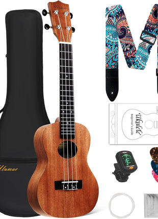 Ulumac Concert Ukulele, Solid Mahogany 23inch Ukelele for Adults Kids Beginner with Gig Bag, Digital Tuner, Replacing Strings, 3 Guitar Picks, Strap, Cloth