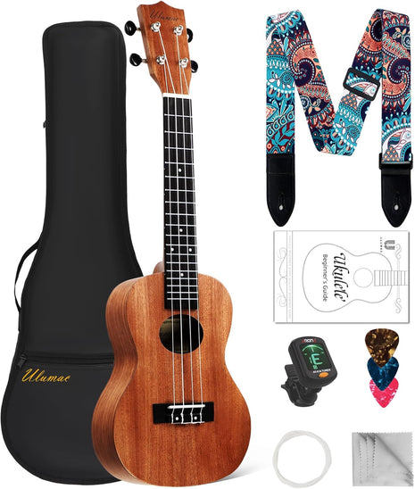 Ulumac Concert Ukulele, Solid Mahogany 23inch Ukelele for Adults Kids Beginner with Gig Bag, Digital Tuner, Replacing Strings, 3 Guitar Picks, Strap, Cloth