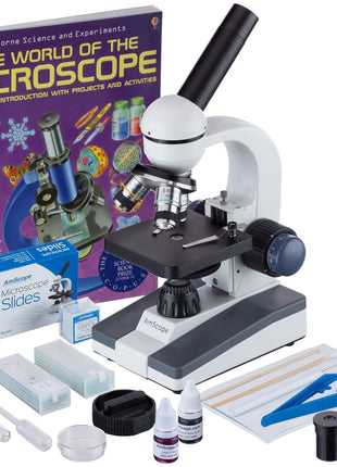 AmScope M150 Series Portable LED Monocular Student Compound Microscope - 40X-1000X Magnification - Microscope Kit Includes Dust Cover, 2 Clips & 2 Eyepieces