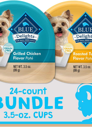 Blue Buffalo Delights Natural Adult Small Breed Wet Dog Food Cups, Pate Style, Roasted Turkey & Grilled Chicken 3.5-oz (24 Count - 12 of Each Flavor)