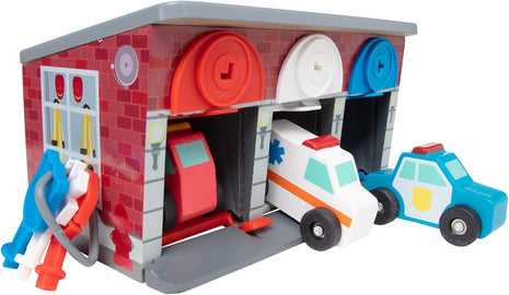 Melissa & Doug Toy Keys and Cars Wooden Rescue Vehicles and Garage (7 pcs) Toddler Pull Back Toys, Toy Garage for Kids Ages 3+
