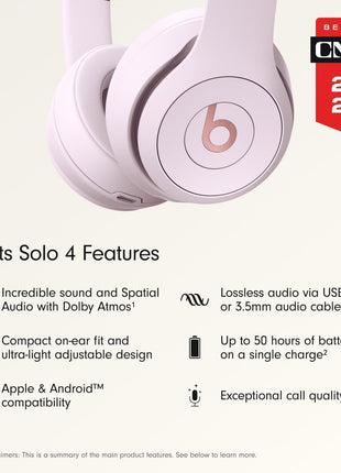Beats Solo 4 - Wireless On-Ear Bluetooth Headphones, Up to 50-Hour Battery Life, Ultra-Lightweight Comfort, Powerful and Balanced Sound, Apple & Android Compatible - Cloud Pink
