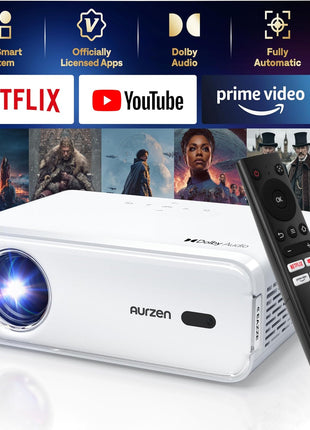 Aurzen EAZZE D1 Smart Projector with WiFi and Bluetooth, Netflix-Officially-Licensed, Auto Focus & Keystone, DoIby Audio, Zoom, Native 1080P Movie, Portable Outdoor Mini Projector, White