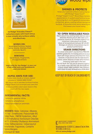 Pledge Expert Care Enhancing Wood Wipes, Lemon Scent, 24 Count