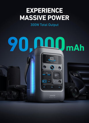 Anker SOLIX C300 DC Power Bank Station, Outdoor 288Wh Portable Power Station, LiFePO4 Battery, 300W Solar Generator, for Camping, Traveling, and Emergencies (No Wall Charger Included)