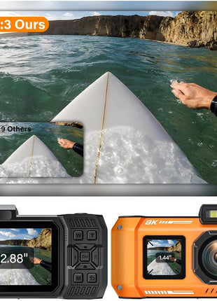 8K UHD 70MP WiFi Digital Camera with 64GB Card Rugged Waterproof Dustproof Shockproof 33FT Underwater Camera Dual-Screen Selfie for Snorkeling Autofocus Point and Shoot Digital Camera (Orange)