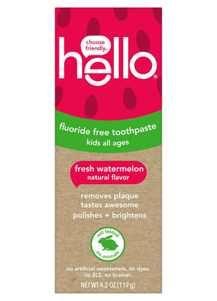 hello Kids Fluoride Free Toothpaste, Fresh Watermelon, 4.2 oz | For Kids of All Ages, Removes Plaque, Polishes and Brightens, Tastes Awesome, Vegan, Gluten Free, SLS Free