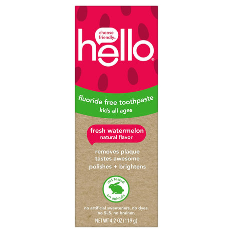 hello Kids Fluoride Free Toothpaste, Fresh Watermelon, 4.2 oz | For Kids of All Ages, Removes Plaque, Polishes and Brightens, Tastes Awesome, Vegan, Gluten Free, SLS Free