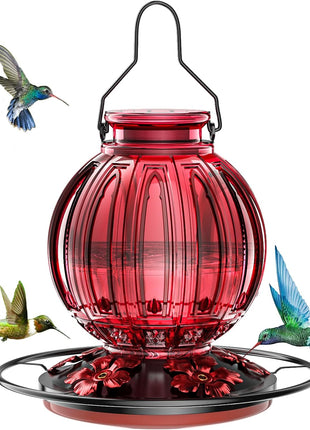 Glass Hummingbird Feeder for Outdoors Hanging, 26Oz Bird Nectar Feeder with Perch & 5 Flower Feeding Ports, Leak Proof for Outside Garden Decor Backyard, Gifts for Women Mom, Red