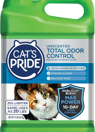 Cat's Pride Max Power: Total Odor Control - Up to 10 Days of Powerful Odor Control - Strong Clumping - Hypoallergenic - 99% Dust Free - Multi-Cat Litter, Unscented, 15 Pounds