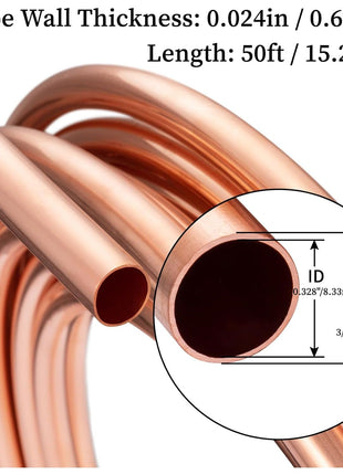 GOORY Copper Tubing 3/8" OD x 0.328" ID x 50 FT - 99.9% C12200 Pure ACR Tube - ASTM B280 Refrigeration T2 Copper Tube Soft Coil - Round Seamless Tubing for HVAC System Refrigerator Industry DIY