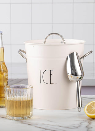 Rae Dunn Ice Bucket with Scoop   Stainless Steel Bucket with Handle, Lid and Ice Scooper   4 Qt. Storage Bin for Ice Cubes for Bars, Parties, Backyard Barbeques, Picnics, and Camping (White)