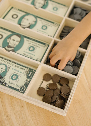 Melissa & Doug Play Money Set - Educational Toy with Paper Bills and Plastic Coins (50 of Each Denomination) and Wooden Cash Drawer for Storage