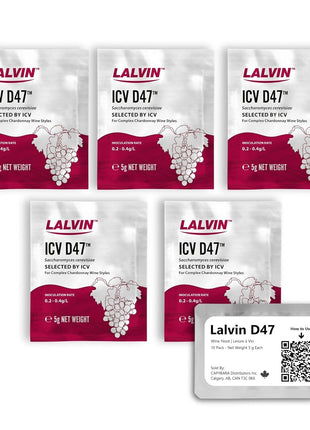 Lalvin D47 Wine Yeast (5 Pack) - Make Wine Cider Mead Kombucha At Home - 5 g Sachets - Saccharomyces cerevisiae - Sold by CAPYBARA Distributors Inc.