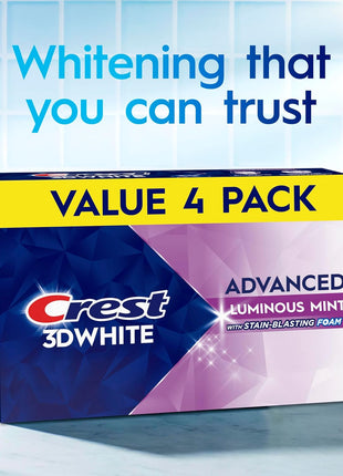 Crest 3D White Advanced, Teeth Whitening Toothpaste for Adults, 3.7 oz, 4 Pack, Cavity Protection Fluoride Toothpaste, Strengthens Enamel, Travel Size Toiletries