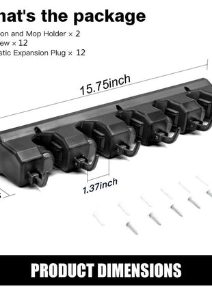 IMILLET 2 Pack Mop and Broom Holder, Wall Mounted Organizer Mop and Broom Storage Tool Rack with 5 Ball Slots and 6 Hooks (Black)