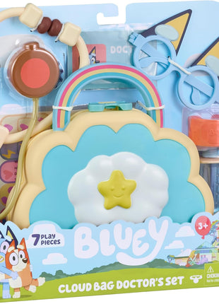 Bluey Cloud Bag Doctor Playset, 7 Pretend Check-Up Accessories | Portable medical kit with stethoscope, badge & Dr. Bluey glasses; toddler toy for kids ages 3+
