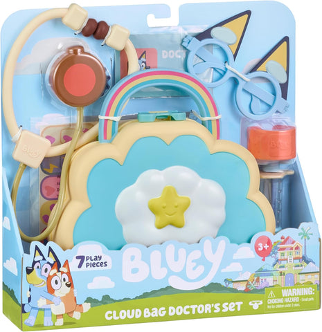 Bluey Cloud Bag Doctor Playset, 7 Pretend Check-Up Accessories | Portable medical kit with stethoscope, badge & Dr. Bluey glasses; toddler toy for kids ages 3+