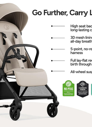 Mompush Nexis Carbon Fiber Lightweight Travel Stroller, Carry-On, Khaki | Lightweight travel stroller for airplane, compact auto-fold, one-hand recline, XL basket, cup holder, rain cover included