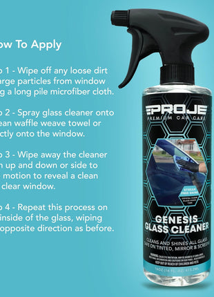 PROJE' Genesis Glass Cleaner - Safe On Tinted Glass - Streak Free Car Window Cleaner - Ammonia Free - Effortlessly Removes Dirt, Dust, Oil, Grease, Insects & More - 16 fl oz