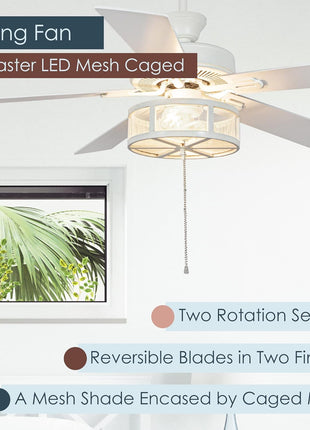 RIVER OF GOODS Alabaster LED Mesh Caged Ceiling Fan - 52" L X 52" W - White/Oak Wood-Grain Blades