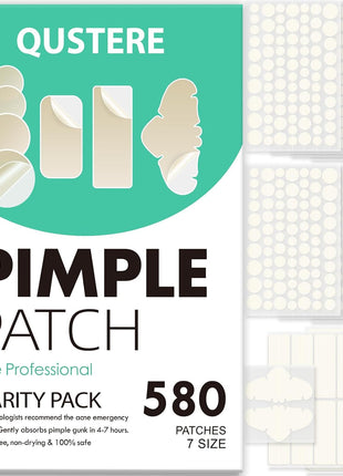 QUSTERE 580 Count Pimple Patches for Face, Large Hydrocolloid Acne Patches Stickers Bandages, Blemishes Zit Breakouts for Cheeks, Forehead, Chin, Nose for Full Face & Body | 7 Sizes | 4 Shapes