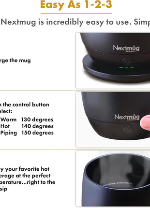 Nextmug - Temperature-Controlled, Self-Heating Coffee Mug | (Black - 14 oz.) – No App, Long-Lasting Battery for Work & Study, Great Gift for Coffee Lovers