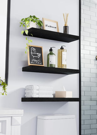 BAYKA Floating Shelves for Wall, Wall Mounted Rustic Wood Shelves for Bathroom, Bedroom, Living Room, Kitchen, Hanging Shelf for Books/Storage/Room Decor with 22lbs Capacity (Black, Set of 3, 15.7in)