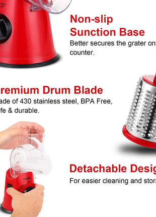 Geedel Rotary Cheese Grater, Kitchen Mandoline Vegetable Slicer with 3 Interchangeable Blades, Easy to Clean Grater for Fruit, Vegetables, Nuts