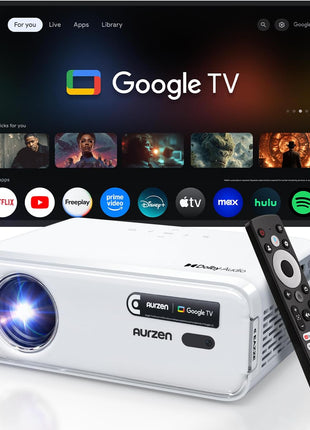 Aurzen EAZZE D1G 4K Supported Google TV Smart Projector with WiFi & Bluetooth, Auto Focus & Keystone, Dolby Audio, Zoom, Movie, Portable Mini Projector for Home & Outdoor Use