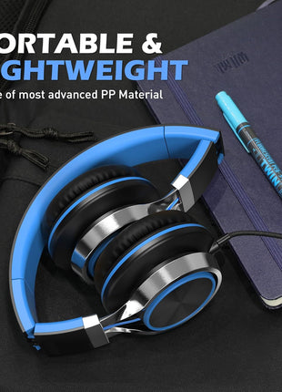 AILIHEN C8 Headphones Wired, On-Ear Kids Headphones with Microphone and Volume Control Foldable Corded Stereo 3.5mm Headset for School Teens Smartphones Chromebook Laptop Tablets Travel (Black Blue)
