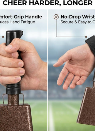 9 inch Metal Cowbell with Handle - (1 Pack) Cow Bells Loud Cheering Noise Makers for Sporting Events, Football Games, School Spirit, Rallies & Celebrations - Copper Steel Percussion Music Instrument