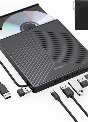 ORIGBELIE External CD DVD Drive, Ultra Slim CD Burner USB 3.0 with 4 USB Ports and 2 TF/SD Card Slots, Optical Disk Drive for Laptop Mac, PC Windows 11/10/8/7 Linux OS