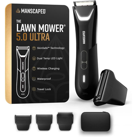 MANSCAPED® The Lawn Mower® 5.0 Ultra Groin & Body Hair Trimmer – Dual-Head SkinSafe® Trimmer & Foil Blades, Waterproof Wet/Dry Groomer, USB-C Rechargeable with Travel Case, Men's Ball Shaver, Black