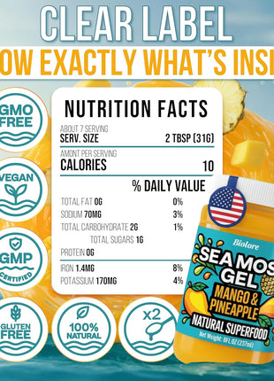 Biolore Sea Moss Gel Mango-Pineapple Made in USA Raw Wildcrafted Irish Seamoss Essential Vitamins Trace Minerals Vegan Superfood, Jam, Jelly & Sweet Spread Gifts (Mango-Pineapple 8OZ)