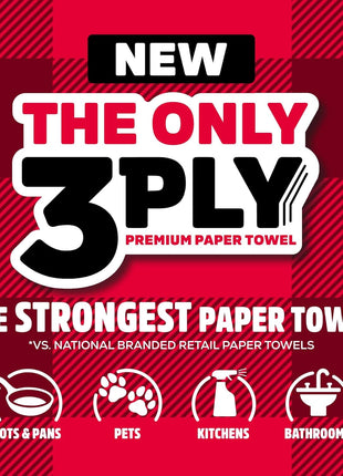 Brawny Tear A Square 3 Ply Paper Towels, 6 Double Rolls = 12 Regular Rolls, Strong, Absorbent, and Durable with 3 Sheet Sizes (Quarter, Half, Full)