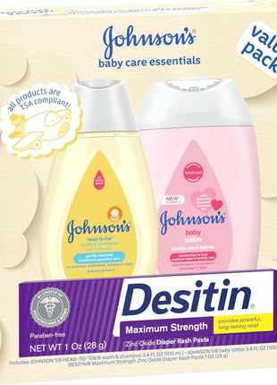 Johnson's Baby Care Essentials Gift Set, Body Lotion, & Zinc Oxide Diaper Rash Paste for Baby's Delicate Skin, Value Pack, Travel-Size, Bath Essentials Must Haves, Baby Gifts, 3 Items