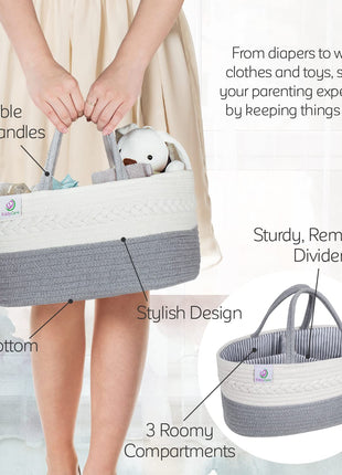 KiddyCare Diaper Caddy Organizer for Baby Nursery Basket with Handle Lid | Nursing bag with Changing Table Organizer Cart | Newborn Caddy | Grey Large size | Nursing bag with Changing Table Organizer Cart | Newborn Caddy