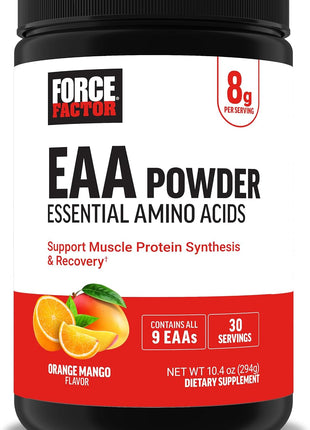 Force Factor Essential Amino Acids, Full Spectrum EAAs Amino Acids Powder | Amino Acids Supplement for Women and Men to Support Healthy Muscle and Workout Recovery, Orange Mango, 30 Servings