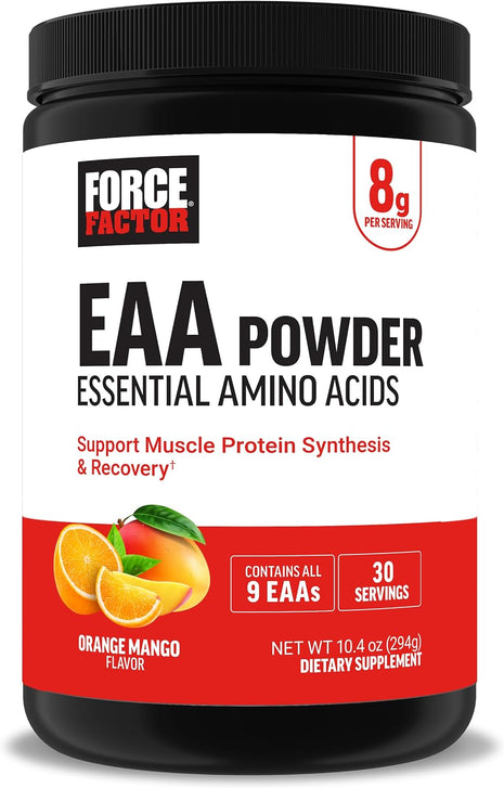 Force Factor Essential Amino Acids, Full Spectrum EAAs Amino Acids Powder | Amino Acids Supplement for Women and Men to Support Healthy Muscle and Workout Recovery, Orange Mango, 30 Servings