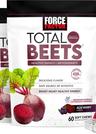 Force Factor Total Beets Soft Chews with Beetroot, Nitrates, L-Citrulline, Grapeseed Extract & Antioxidants, Healthy Energy Supplement, 120 Count 2-Pack & 60 Count