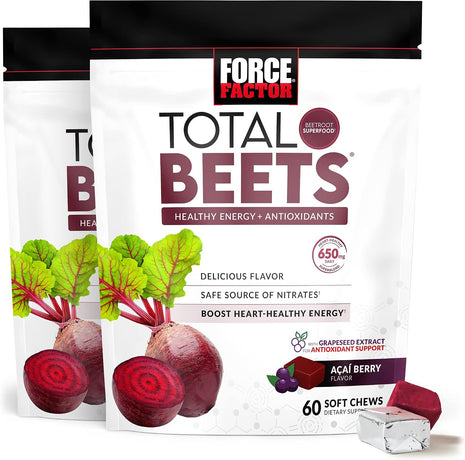 Force Factor Total Beets Soft Chews with Beetroot, Nitrates, L-Citrulline, Grapeseed Extract & Antioxidants, Healthy Energy Supplement, 120 Count 2-Pack & 60 Count