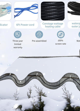 60ft Roof Deicing Cable, 5w/ft Constant Wattage, CSA ETL Certified, Prevents Ice Dams on Metal or Plastic Gutters/Downspouts, 120V