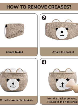 CherryNow Baby Basket for Nursery, Bear Gift Baskets for Kids, Baby Shower Basket with Handles, Small Cute Animal Baskets, Light Brown, 10.5 inchD x 8.5 inchH