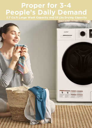 COMFEE' 24" Washer and Dryer Combo 2.7 cu.ft 26lbs Washing Machine Steam Care, Overnight Dry, No Shaking Front Load Full-Automatic Machine, Dorm White