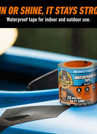 Gorilla Waterproof Patch & Seal Tape, Black Tape, 4 inch x 10' (Pack of 1) - Permanent Weather Resistant Seal for Leaks and Repairs