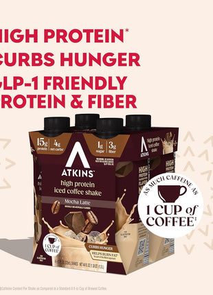 Atkins Mocha Latte Iced Coffee Flavored High Protein Shake, 12 Count | 15g Protein, 4g Net Carbs, 1g Sugar, 3g Fiber, Contains Caffeine, Ready to Drink, 11fl oz, 3 Pack of 4 Count Shakes