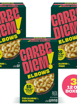 Carbe Diem!, Elbows, Lower Net Carb Pasta with Traditional Flavor & Texture, 8 grams of Protein, 55% Fewer Net Carbs & Only 110 Calories Per Serving, Pack of 3