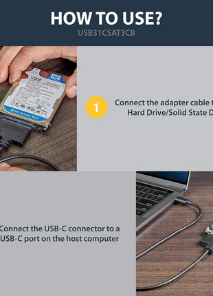 StarTech SATA to USB-C Cable, USB 10Gbps to 2.5in SATA I II III Hard Drive Adapter, External Converter for SSD or HDD Data Transfer