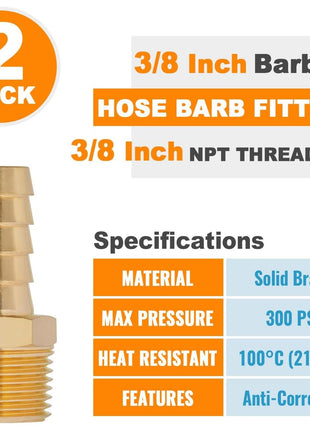 SUNGATOR 3/8'' NPT Brass Hose Barb Fittings, 3/8'' NPT Male Thread to 3/8 Inch Barbed Air Hose Fittings, 3/8 Inch Brass Air Line Repair Connectors for Compressor, Fuel, Oil (2-Pack)